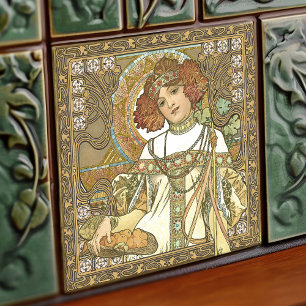 Azulejo De Cerâmica Alphonse Mucha Fall Seasons Art Nouveau Vintage