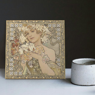 Azulejo De Cerâmica Alphonse Mucha Flowers Art Nouveau Vintage