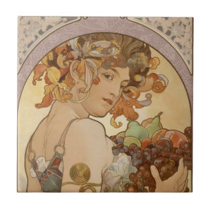 Azulejo De Cerâmica Alphonse Mucha Fruta Art Nouveau Vintage Donzela
