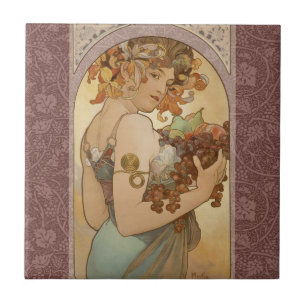 Azulejo De Cerâmica Alphonse Mucha Fruta Art Nouveau Vintage Donzela