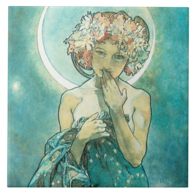 Azulejo De Cerâmica Alphonse Mucha Moonlight Clair De Lune Art Nouveau (Frente)
