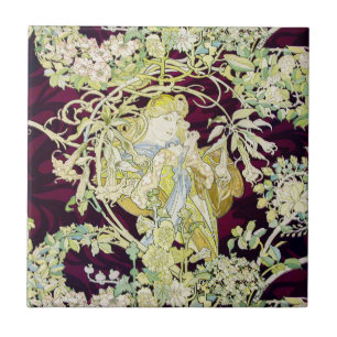 Azulejo De Cerâmica Alphonse Mucha Mulher com Margarida Art Nouveau Ar