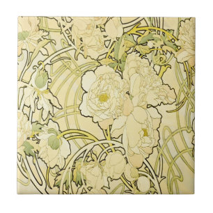 Azulejo De Cerâmica Alphonse Mucha Peonias Padrão Floral Art Nouveau