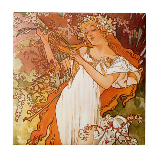 Azulejo De Cerâmica Alphonse Mucha Primavera (Frente)
