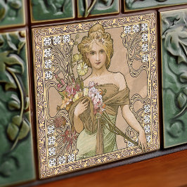 Azulejo De Cerâmica Alphonse Mucha Primavera 4Seasons Art Nouveau Vint
