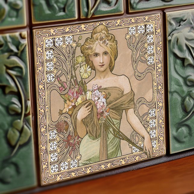 Azulejo De Cerâmica Alphonse Mucha Primavera 4Seasons Art Nouveau Vint (Criador carregado)