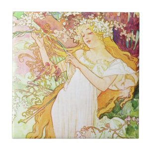 Azulejo De Cerâmica Alphonse Mucha Primavera Floral Vintage Art Nouvea