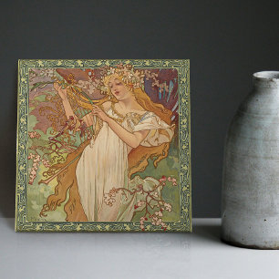 Azulejo De Cerâmica Alphonse Mucha Primavera Season Art Nouveau Vintag