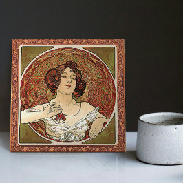 Azulejo De Cerâmica Alphonse Mucha "Ruby" Red Art Nouveau Vintage
