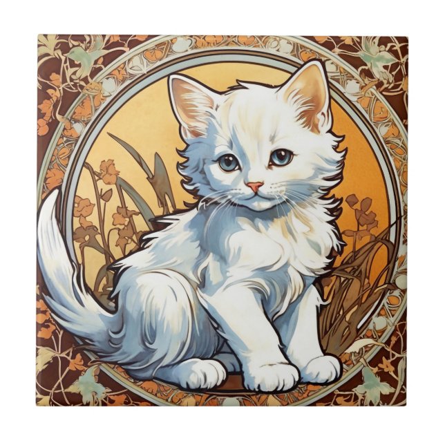 Azulejo De Cerâmica Alphonse Mucha Style Cat (Frente)