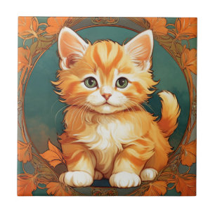 Azulejo De Cerâmica Alphonse Mucha Style Orange Cat