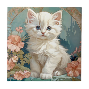 Azulejo De Cerâmica Alphonse Mucha Style White Cat