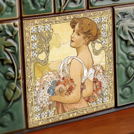 Azulejo De Cerâmica Alphonse Mucha Summer Seasons Art Nouveau Vintage