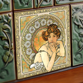 Azulejo De Cerâmica Alphonse Mucha Topaz Dourada Art Nouveau Vintage