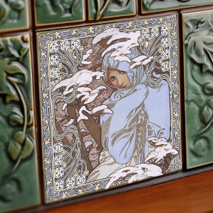 Azulejo De Cerâmica Alphonse Mucha Winter 4Seasons Art Nouveau Vintage