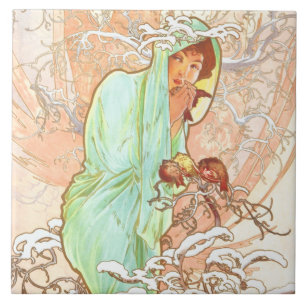 Azulejo De Cerâmica Alphonse Mucha Winter Vintage Art Nouveau Painting