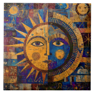 Azulejo De Cerâmica Alquimia Celestial Sol Lua Mística