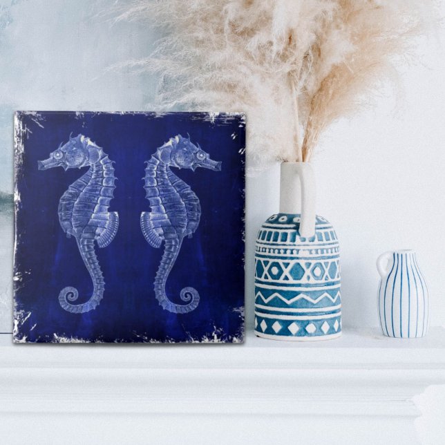 Azulejo De Cerâmica amante da praia cavalos-marinhos azuis do oceano l (beach lover coastal ocean blue seahorses ceramic tile)