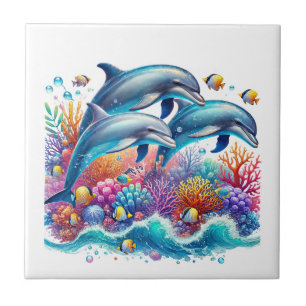 Azulejo De Cerâmica Amantes de golfinhos de praia fofos