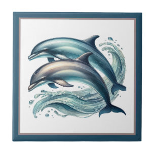 Azulejo De Cerâmica Amantes de golfinhos de praia fofos