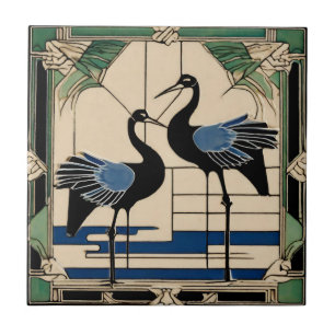 Azulejo De Cerâmica Amar Pássaros Dois Gruas Arte Verde Arte Nouveau