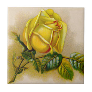Azulejo De Cerâmica Amarela Rosa Antiga Estampa Vintage Arte Fina