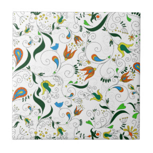 Azulejo De Cerâmica Amarelo azul alaranjado verde retro de Paisley