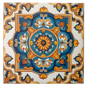 Azulejo De Cerâmica Amarelo azul decorativo mediterrânico