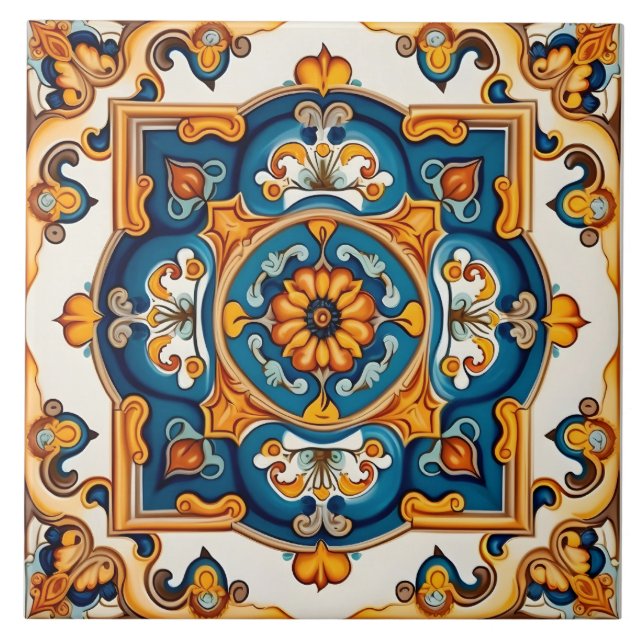 Azulejo De Cerâmica Amarelo azul decorativo mediterrânico (Frente)