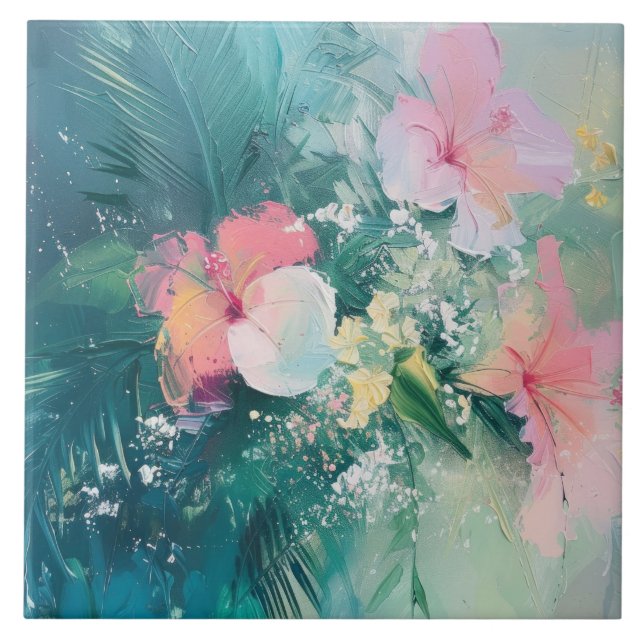 Azulejo De Cerâmica Amarelo branco-rosa tropical (Frente)