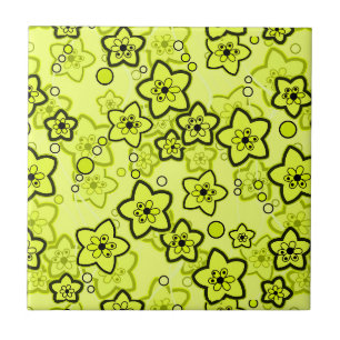 Azulejo De Cerâmica Amarelo com padrão floral neon brilhante preto