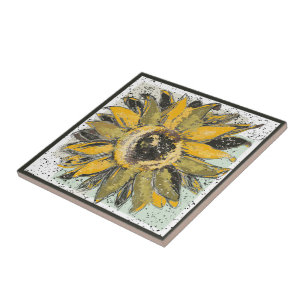Azulejo De Cerâmica Amarelo de Girassol Verde Preto Estilo de Arte em