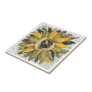 Azulejo De Cerâmica Amarelo de Girassol Verde Preto Estilo de Arte em