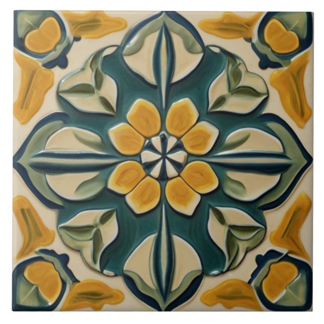 Azulejo De Cerâmica Amarelo e Verde Simétrico Abstrato Mediterrâneo (Frente)