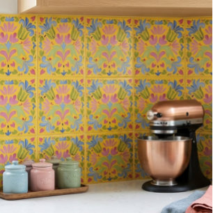 Azulejo De Cerâmica Amarelo Ensolarado e Floral Azul