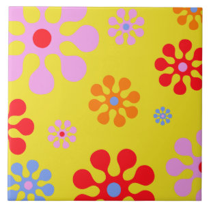 Azulejo De Cerâmica Amarelo Funky retro Trivet do teste padrão de flo