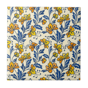 Azulejo De Cerâmica Amarelo Laranja Floral Folclórico Vintage Folha Az