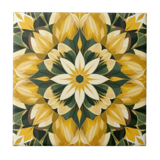 Azulejo De Cerâmica Amarelo-Manteiga, Floral Verde
