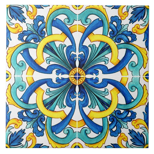 Azulejo De Cerâmica Amarelo Russo E Azul Mediterrâneo (Frente)