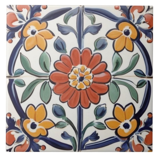 Azulejo De Cerâmica Amarelo-vermelho-mediterrânico e Flor azul-Marinho (Frente)