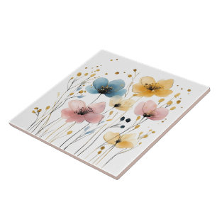 Azulejo De Cerâmica Amarelo vibrante, azul e aquarela cor rosa