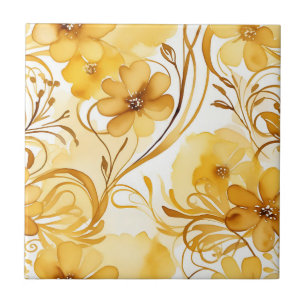 Azulejo De Cerâmica Amarelo Vibrante e Dourado Aquarela Floral