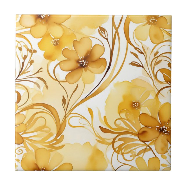 Azulejo De Cerâmica Amarelo Vibrante e Dourado Aquarela Floral (Frente)