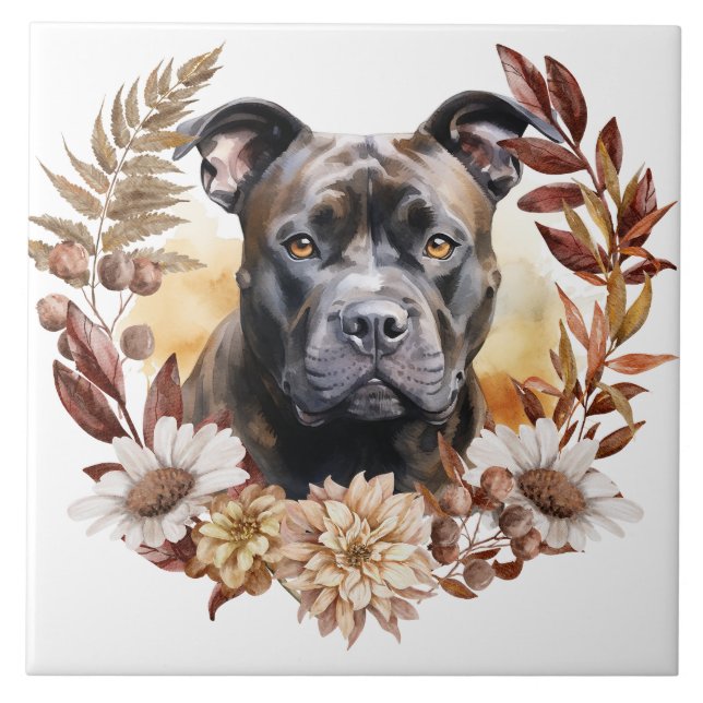 Azulejo De Cerâmica American Staffordshire Terrier Dog Autumn Wreath (Frente)