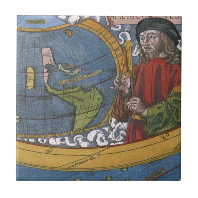 Azulejo De Cerâmica Amerigo Vespucci Explorador em um Mapa das América (Frente)