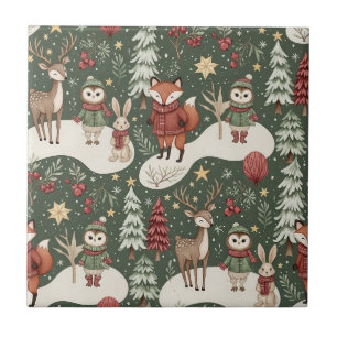 Azulejo De Cerâmica Amigos Fofos da Floresta de Inverno – Animal de Fe
