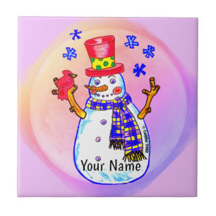 Azulejo De Cerâmica Amigos Pássaros Boneco de Neve