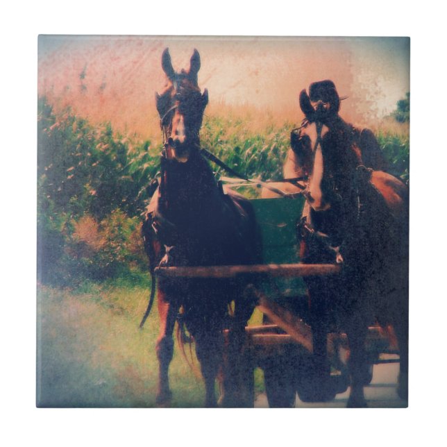 Azulejo De Cerâmica Amish Horse Team (Frente)