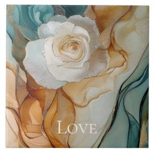Azulejo De Cerâmica Amor Dourado Floral Romântico Branco Aqua