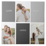 Azulejo De Cerâmica Amor Vive Aqui | Três Presentes Da Família De Foto<br><div class="desc">Apresentando um presente animador e personalizado que celebra a essência da família, apresentando uma bela estrutura de cinza adorada com uma frase emocionante "Love Lives Here" e três fotos acalentadas. Cada vez que o receptor vislumbra este dom notável, seu coração será cheio de lembranças amáveis e de uma profunda apreciação...</div>